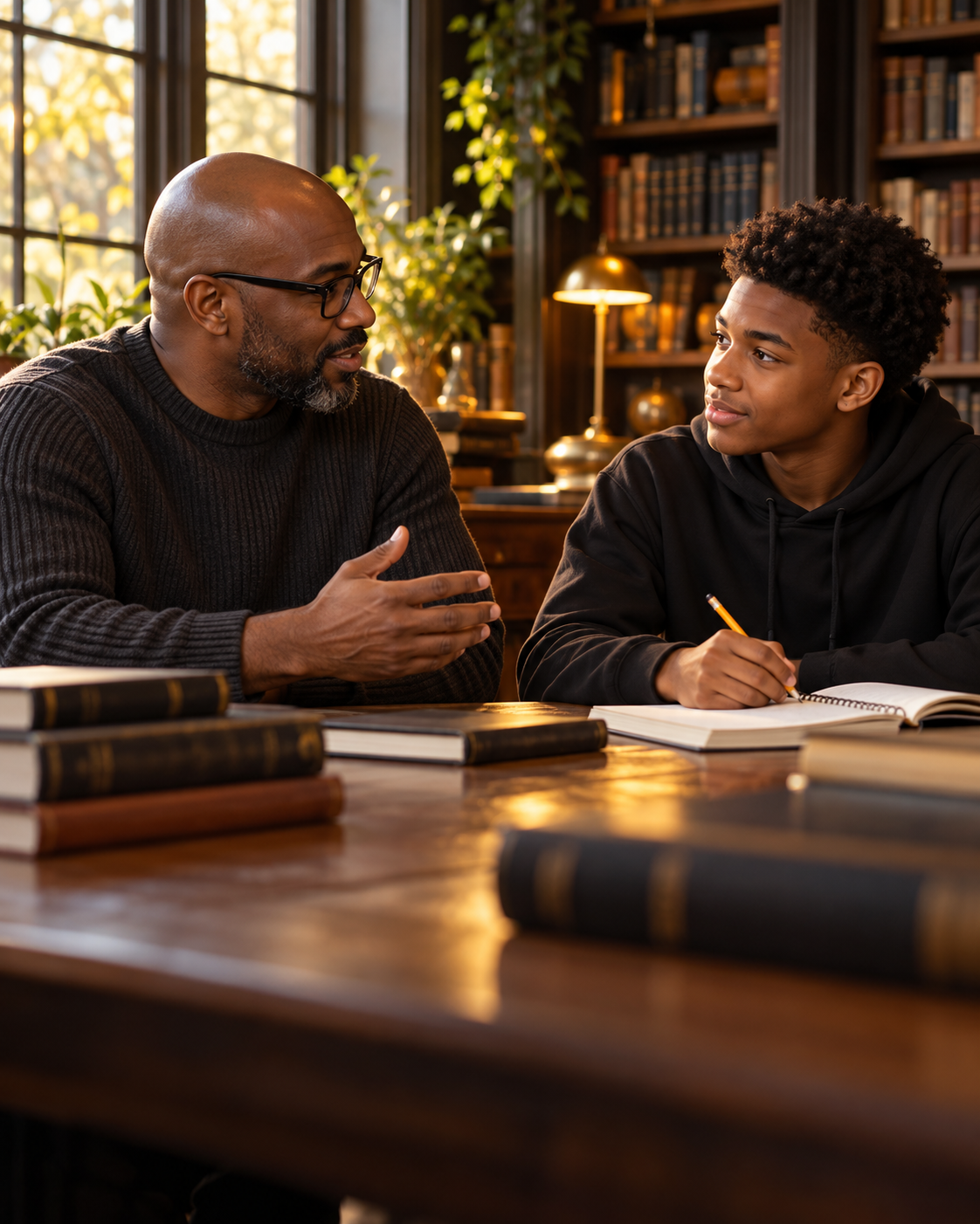 A mentor listening to a teenager at a library table