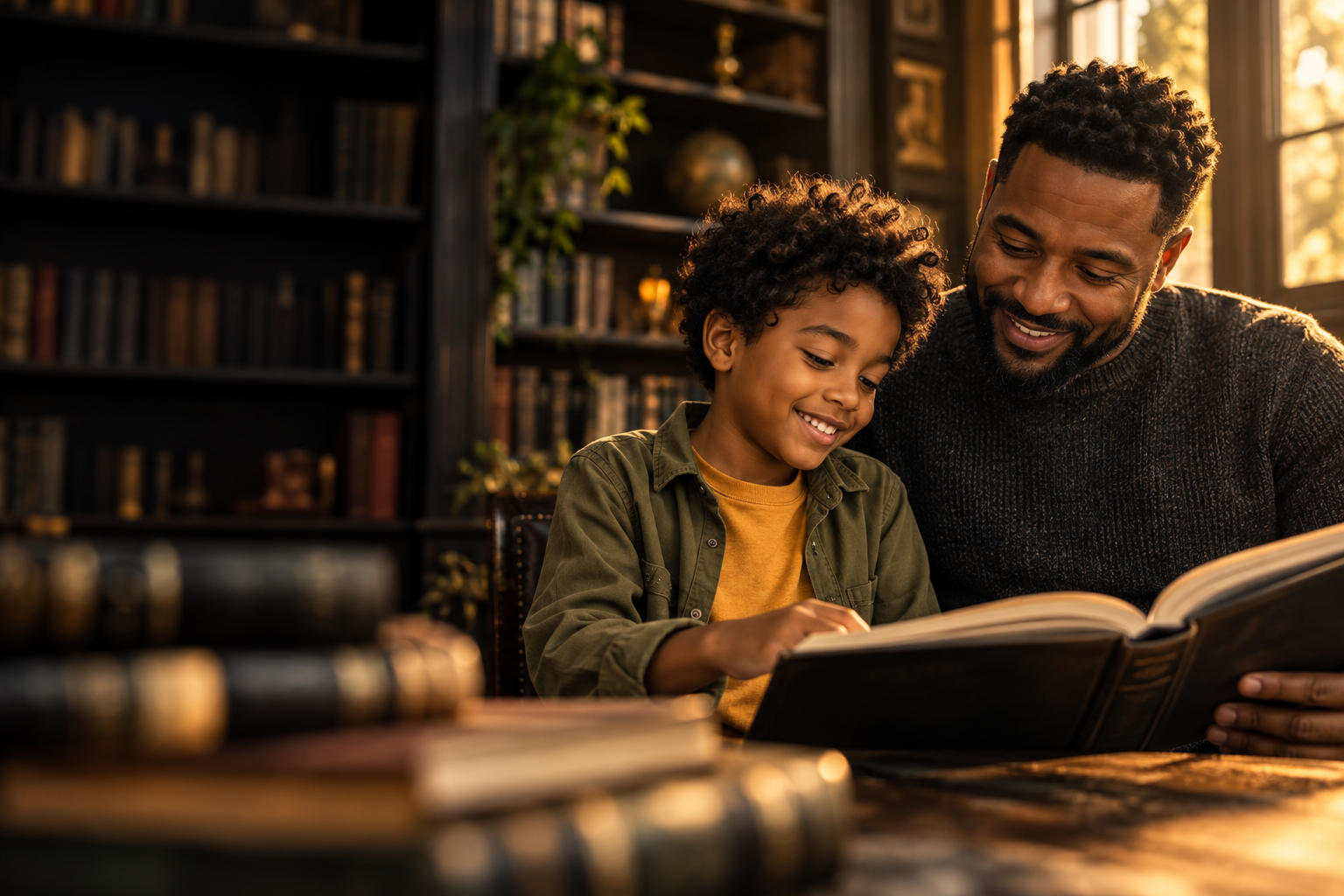 An adult and a young person reading a book together in a warmly lit library